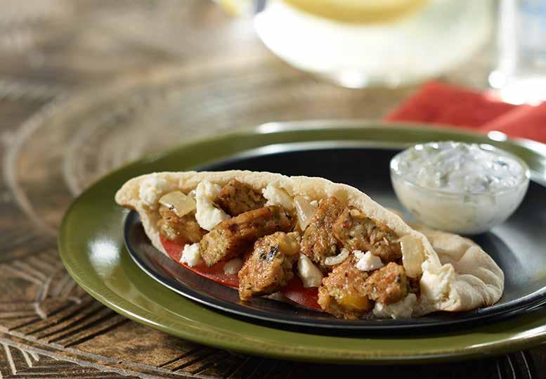Mediterranean Gyros Recipe by Morningstar Farms brought to you by Dupont Nutrition and Wellness 16 entrees // Simply Soyfoods 2 (6-inch) whole wheat pita bread 1/2 cup fat-free plain Greek yogurt 1