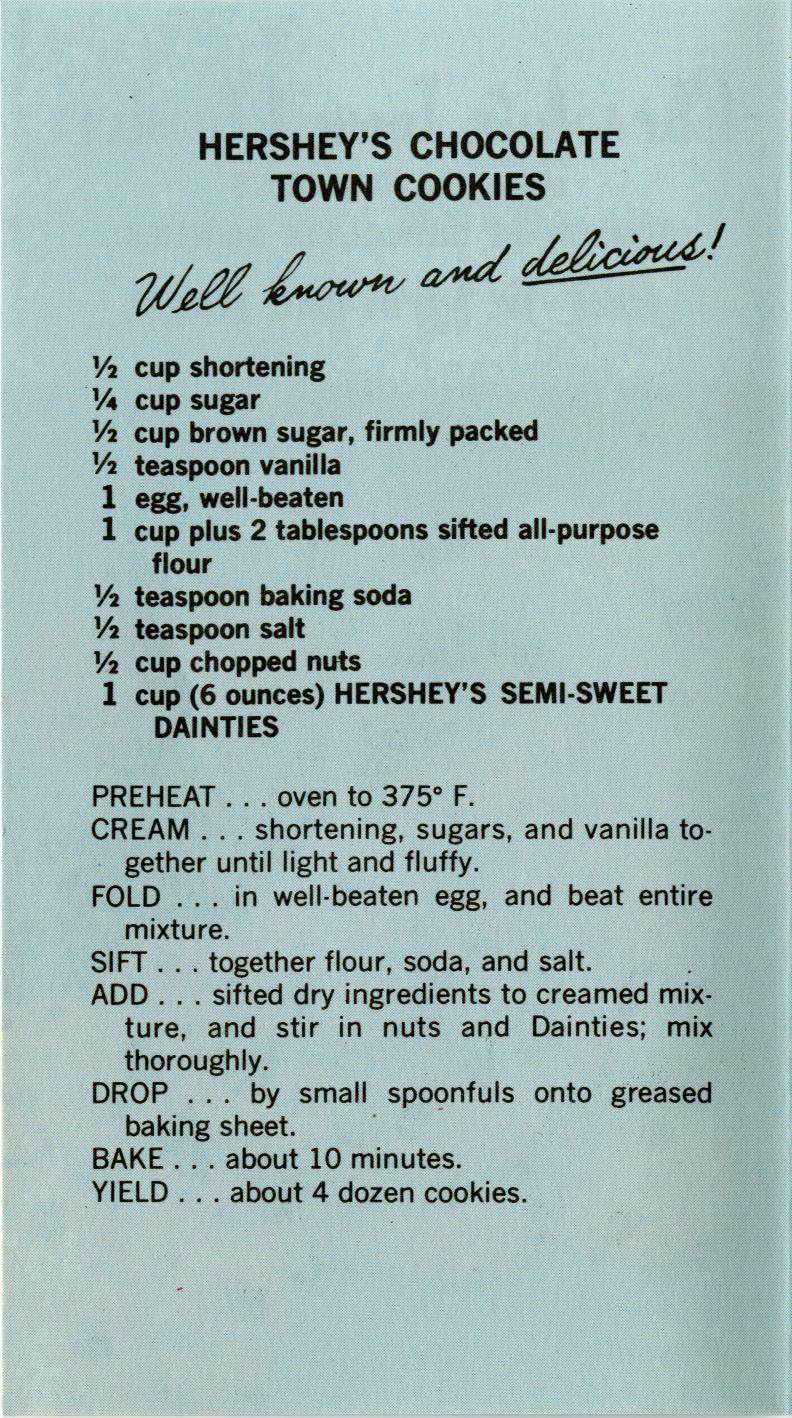 HERSHEY'S CHOCOLATE TOWN COOKIES Vi cup shortening VA cup sugar Vi cup brown sugar, firmly packed V2 teaspoon vanilla 1 egg, well-beaten 1 cup plus 2 tablespoons sifted all-purpose flour V2 teaspoon