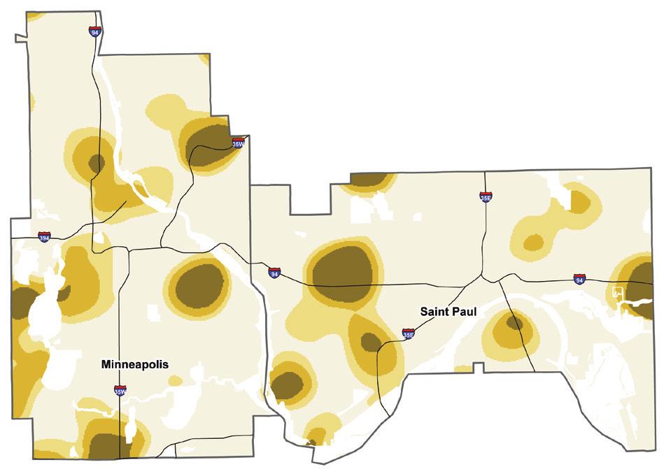Map 1B features supermarkets in the Twin Cities and the concentration of sales across the cities.