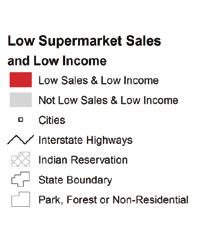 The red areas represent lower-income communities that have fewer supermarkets and lower per capita supermarket sales.