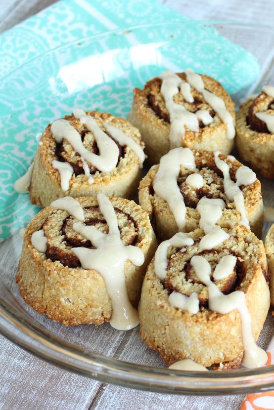 PALEO Cinnamon Rolls Prep Time: 30 minutes Cook Time: 20 minutes Serves: 8 1 ½ cups almond flour 1 T coconut flour 1 t baking soda 2 T coconut oil, melted 1 egg 1 T honey 1 t vanilla extract ¼ cup