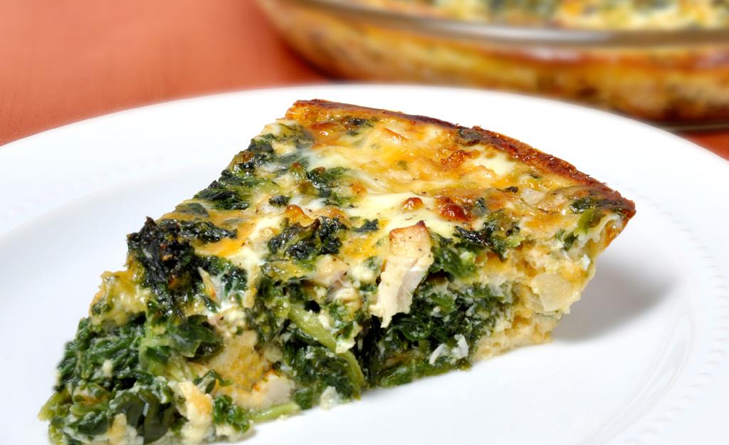 CRUSTLESS CHICKEN QUICHE MAKES 6 SERVINGS 1 cup chopped cooked chicken 1 (10 oz) package frozen chopped spinach 1/2 cup chopped onion 1 cup fat free shredded cheddar cheese 4 eggs 1 (12 oz) can