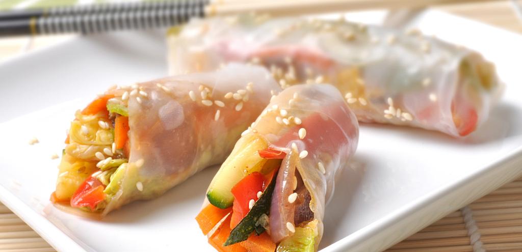 FRESH SPRING ROLLS MAKES 6 SERVINGS 1 box of rice paper (rice wraps) 2 medium carrots 1 large red onion 4 to 5 Pleurotus mushrooms 1/2 small cabbage 1 medium zucchini 1 red pepper 1 green pepper 1/2