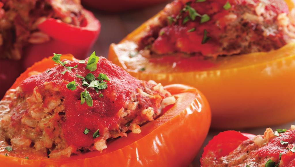 ITALIAN STUFFED PEPPERS MAKES 6 SERVINGS 3 medium red, orange, or yellow bell peppers 1 lb 93% lean ground beef 1 (8 oz) can tomato sauce 1/2 cup uncooked instant rice 1 egg, slightly beaten 1/2 tsp