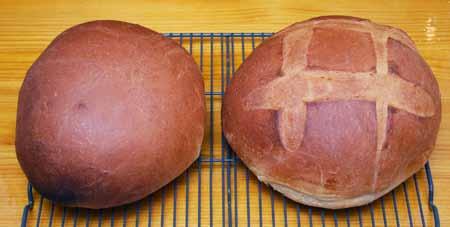 9 6 Here are my two loaves of Hawaiian Sweet Bread. They baked 45 minutes. The one on the right is obviously larger, thanks to the grooves I cut into the top.