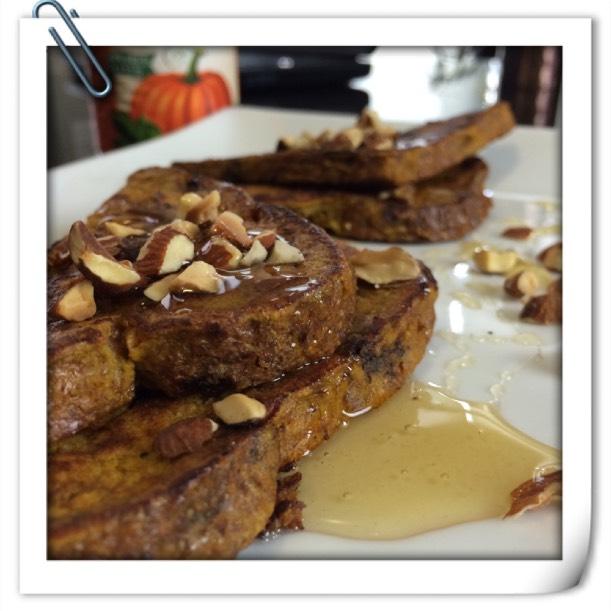pumpkin protein french toast Yield: 2 servings You will need: whisk, baking dish, measuring cups and spoons, skillet, cooking spray, spatula 1/4 cup pumpkin puree 1 egg 1/4 cup egg whites 1/4 cup