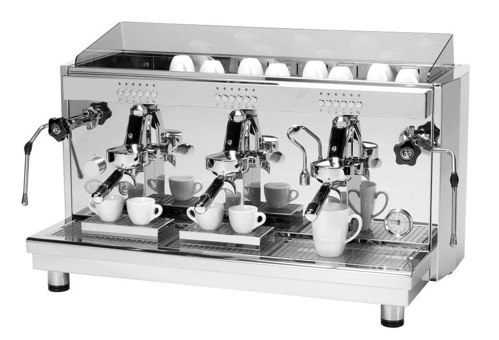 the large distance between brew group and drip tray 3 or 4 angled, weight-balanced ECM portafilters