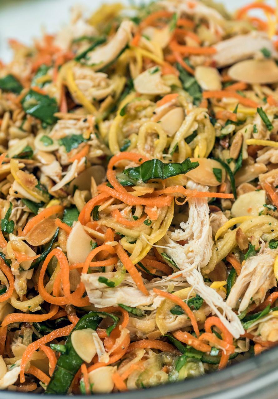 Thai Vegetable & Chicken Salad Serves: 4 1 large English cucumber 1 large yellow squash 1 large, thick carrot, peeled 3 cups cooked shredded chicken 1 cup toasted sliced almonds 1/2 cup fresh