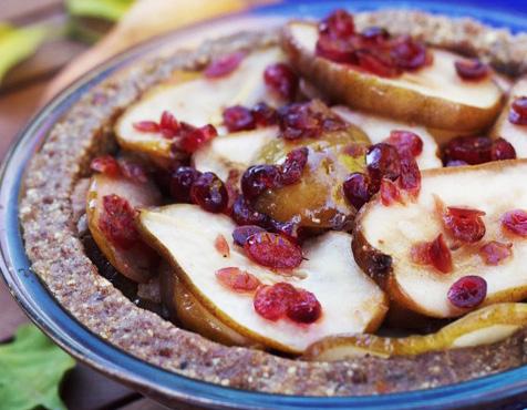 No Bake Cranberry Pear Tart Makes or serves 6 to 8 Crust 2½ cups walnuts or pecans, toasted for 8 minutes in a 350 degree oven 1 cup Medjool dates, pitted ½ teaspoon cinnamon sea salt to taste