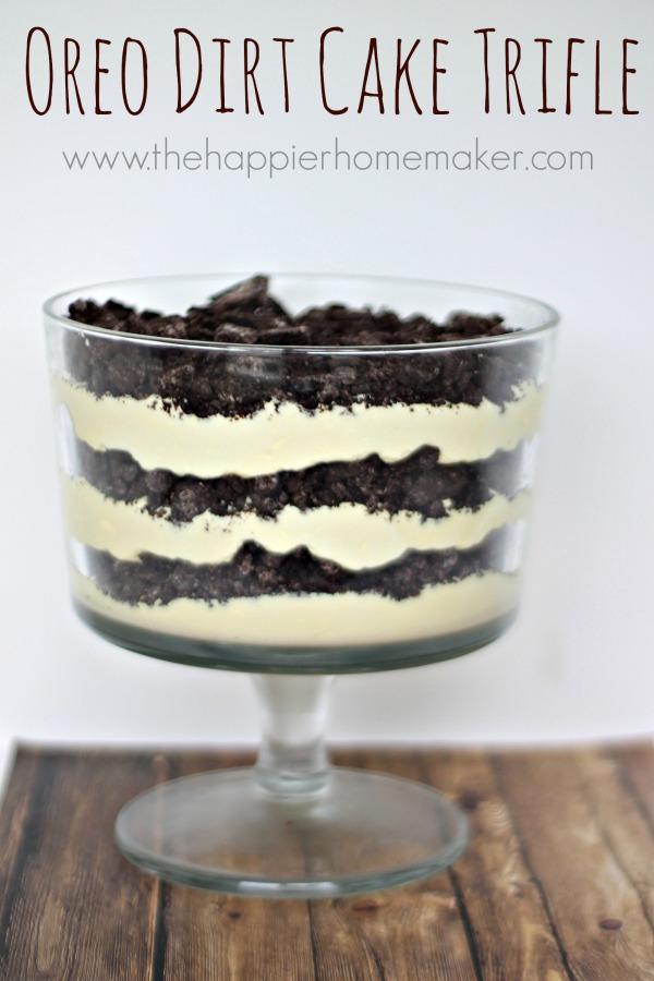 OREO Dirt Cake 1/3 cup butter or margarine 1 8 oz container of Cool Whip 1 package Oreos 2 packages French Vanilla Jello INSTANT Pudding 8 oz container Cream Cheese 1 cup powdered sugar 3 1/2 cups