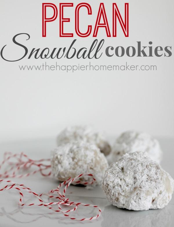 Pecan Snowball Cookies 1 cup all purpose flour ½ tsp salt 2 tbsp sugar 1 tsp vanilla ½ cup butter, softened 1 cup chopped pecans 1 cup powdered sugar Preheat oven to 350 degrees.