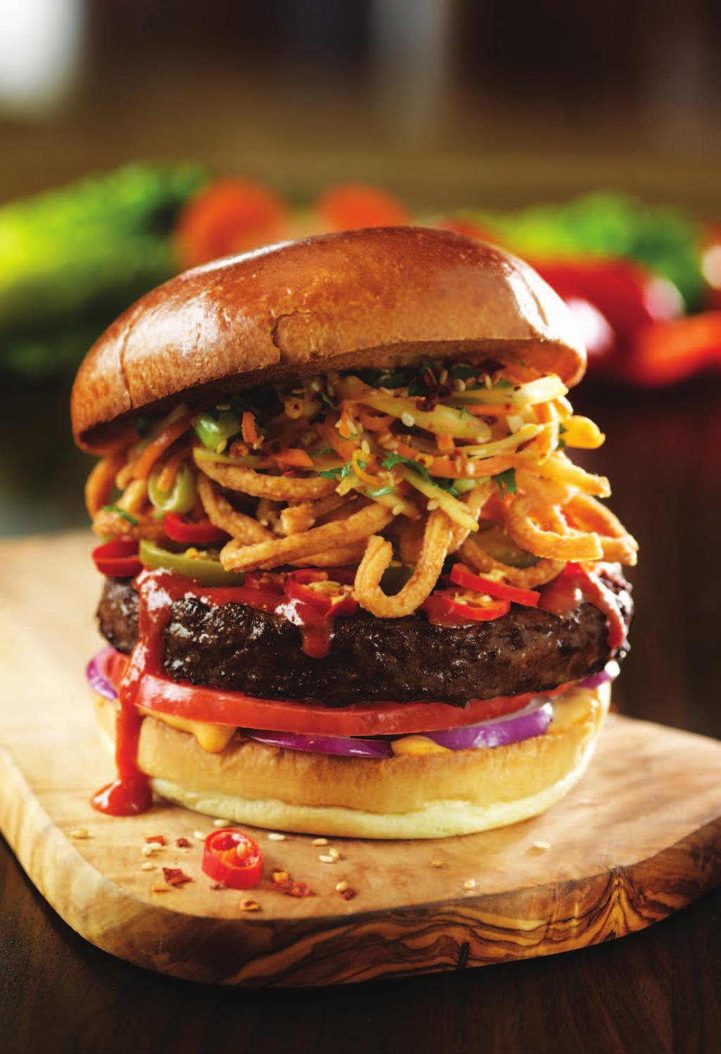 PRIME CUTS OF OF British Isles Beef new Our 7oz* flame-grilled burgers are made with prime cuts of beef from the British Isles. We use chuck steak for flavor and beef brisket for tenderness.