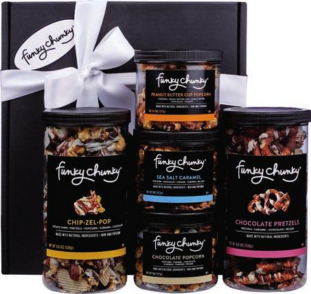 00 PARTY GIFT PACK A party pleaser with two tall canisters of our best-selling flavors Chip-Zel-Pop and Chocolate Pretzels plus three mini