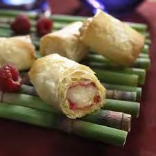 00 Swiss Cheese with Apple Smoked Bacon and Classic Florentine Brie with Raspberry and Almonds in Filo Brie with raspberry preserves and almond slivers wrapped in filo dough Santa Fe Chicken Eggroll