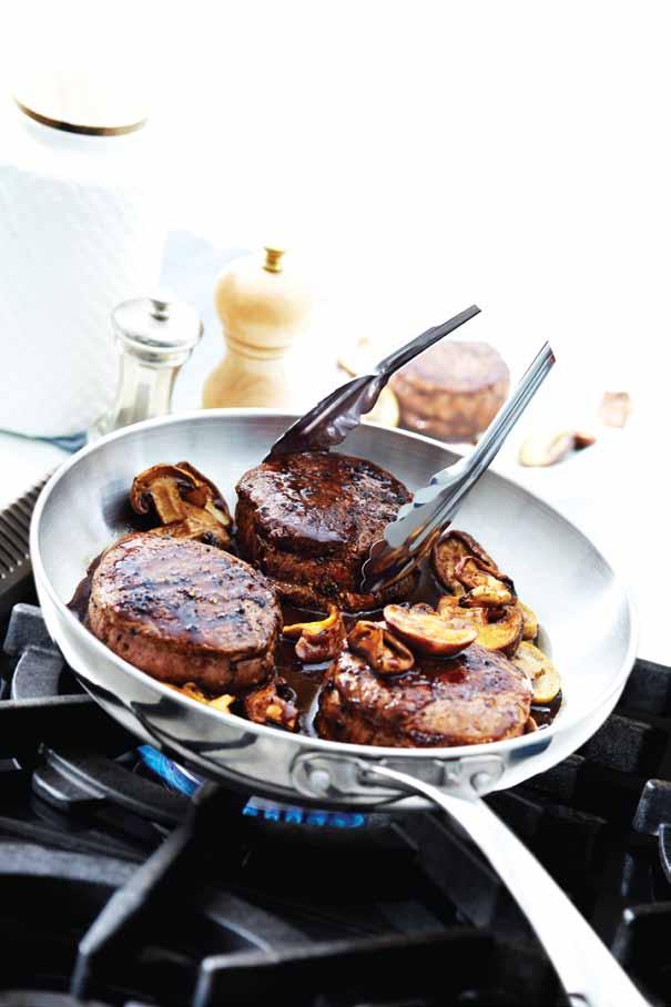 Steak Medallions with Mushroom Sauce 565 g grilling steak, cut into 4 thick portions 1 cup (½ carton) CAMPBELL S STOCK FIRST TM Beef stock 1 ½ cups assorted sliced mushrooms ¼ tsp black pepper,