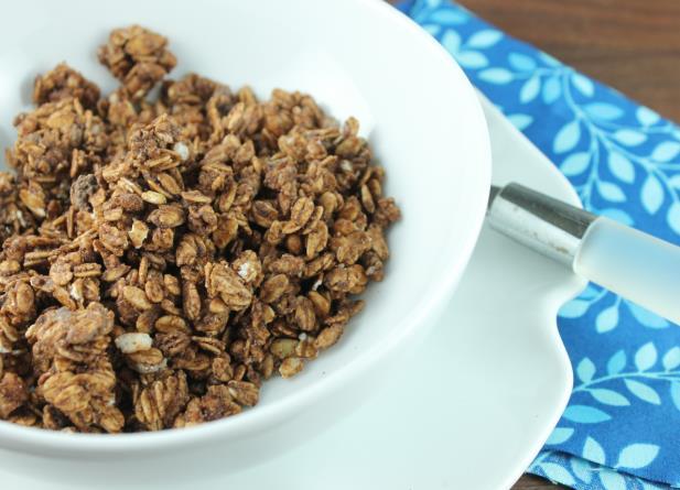 Chocolate Granola Serves 12 Cook time: 45 minutes Most homemade granola is made with coconut oil or butter, but this chocolate version uses extra virgin avocado oil for a unique twist.