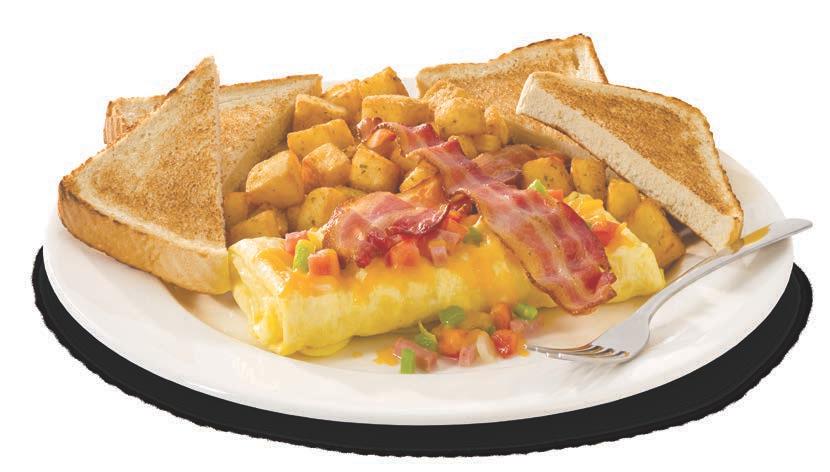 14 49 BACON DENVER OMELETTE Smoked country ham, grated cheddar cheese, tomato, onion and green pepper topped with two