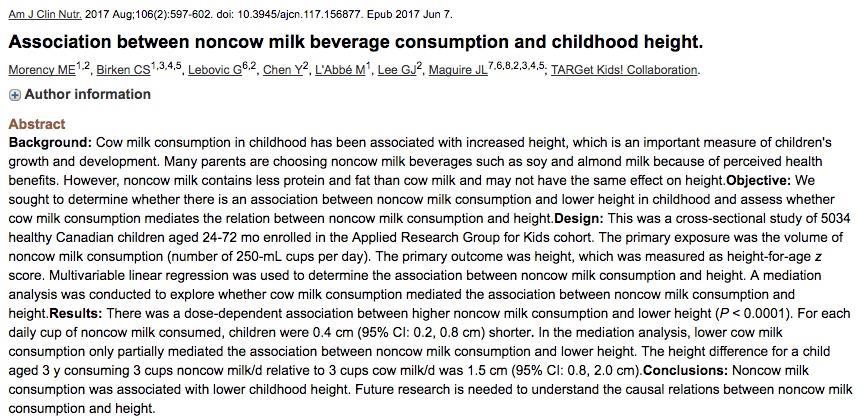 "We found that children who are consuming non-cow's milk like rice, almond and soy milk tended to be a little bit shorter than children who consumed cow's milk," said Dr.