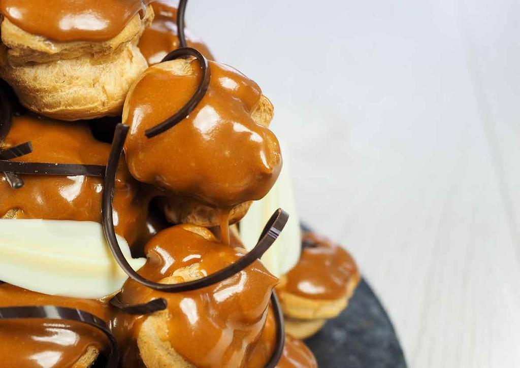 Stacked Profiteroles Choux pastry BAKELS CHOUX PASTE MIX 7.500 100% Water: 60-70 o C (140-160 o F) 9.000 129% Egg 9.000 129% Vegetable oil 0.400 5.3% TOTAL 25.
