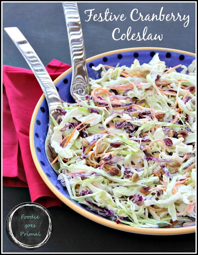 Salad: Coleslaw Servings: 8-10 Time: 20mins 1/2 white cabbage, shredded 1/4 red cabbage, shredded 1 carrot, thinly ribboned 50 g unsweetened cranberries, cut into small nibs 3 tbs mayo 3-4 tbs double
