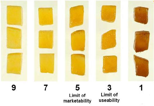Visual quality evaluation: Visual quality of mango cubes declined faster in the mangos with lower firmness at the time of cutting (Figure 6 and 7).