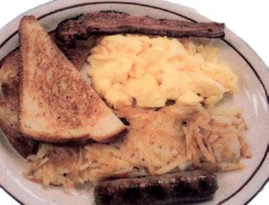 49 COMBO One egg, 2 bacon strips or 1 link sausage, choice of potatoes and a slice of toast 7.