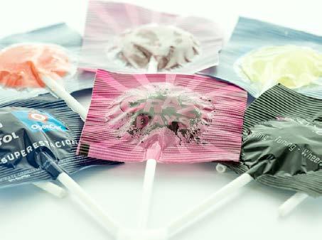 Lollipos are wrapped in transparent foil with your