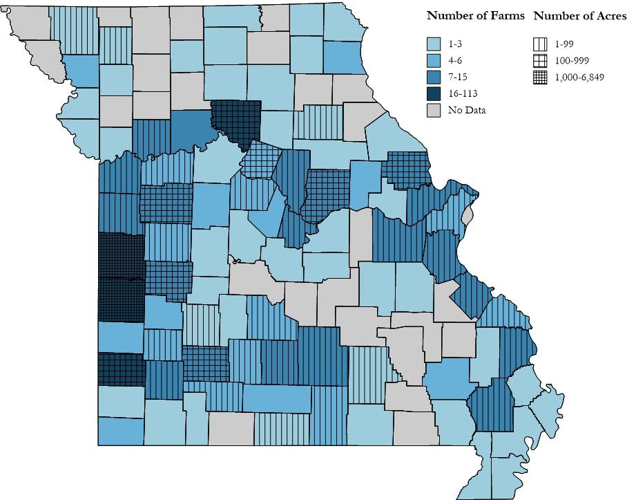 Exhibit 2.4 Missouri Tree Nut Farms and Total Acreage by County, 212* * Counties that are shaded but lack a pattern overlay are those that have farms reported but acreage data withheld.