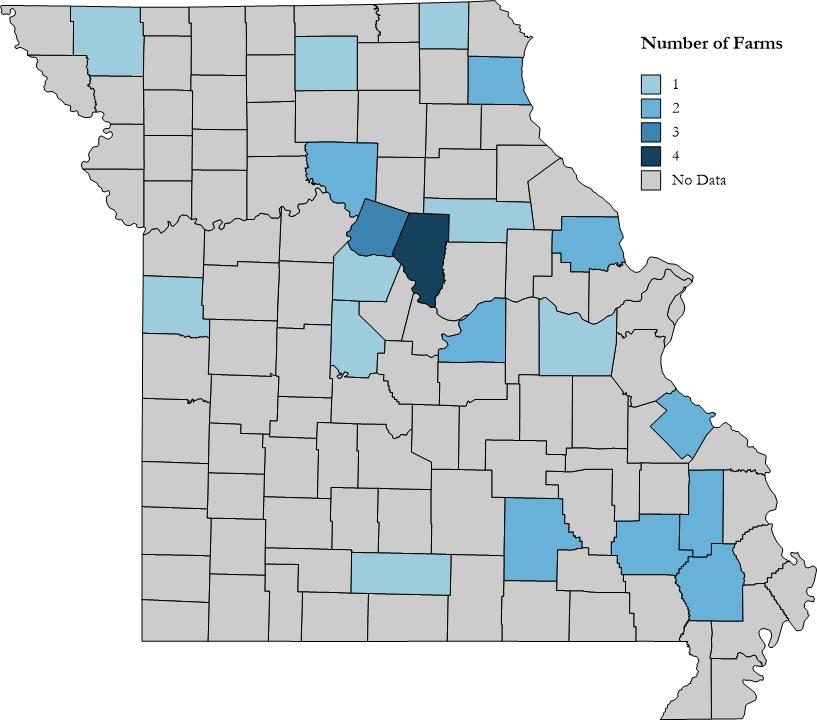 Missouri counties with the most chestnut operations in 212 were Boone County, four farms, and Howard County, three farms. Exhibit 2.2.3 reports the number of Missouri chestnut farms per county.
