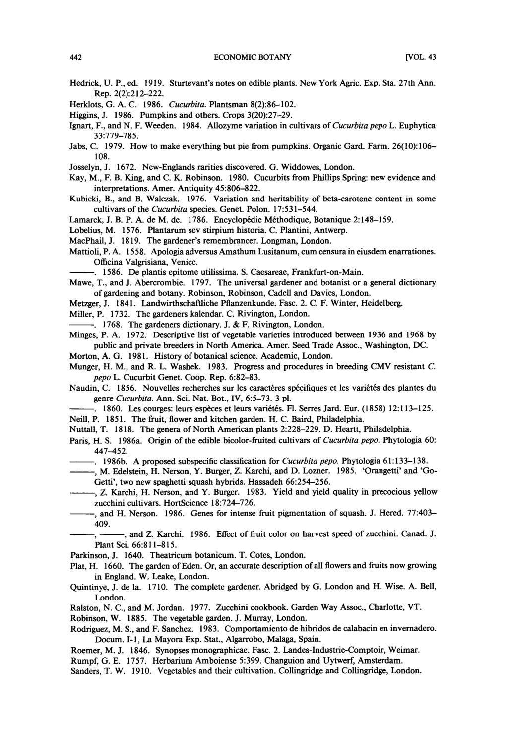 442 ECONOMIC BOTANY [VOL. 43 Hedrick, U. P., ed. 1919. Sturtevant's notes on edible plants9 New York Agric. Exp. Sta. 27th Ann. Rep. 2(2):212-222. Herklots, G. A.C. 1986. Cucurbita.
