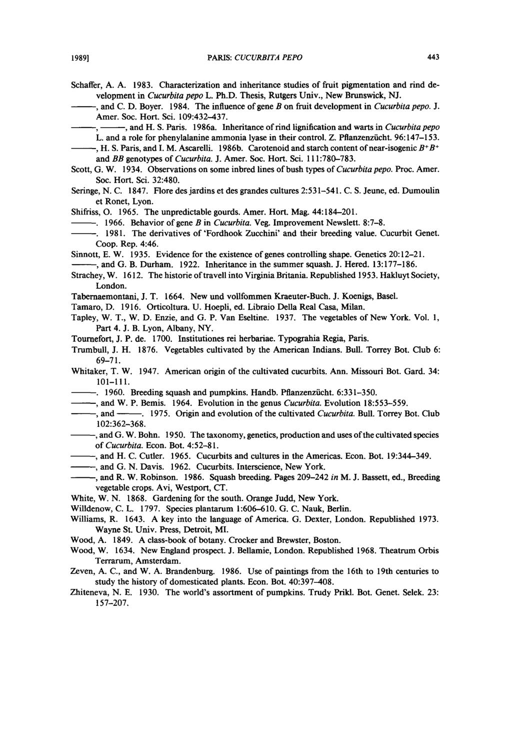 1989] PARIS: CUCURBITA PEPO 443 Schaffer, A.A. 1983. Characterization and inheritance studies of fruit pigmentation and rind development in Cucurbita pepo L. Ph.D. Thesis, Rutgers Univ.