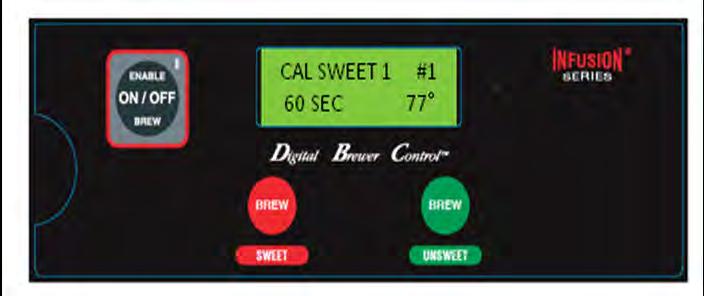 SWEETENER CALIBRATION: **ONLY PERFORM IF YOU HAVE 1000ml CONTAINER AVAILABLE** Press and release HIDDEN button to right of display until display shows CALIBRATE FLOW?