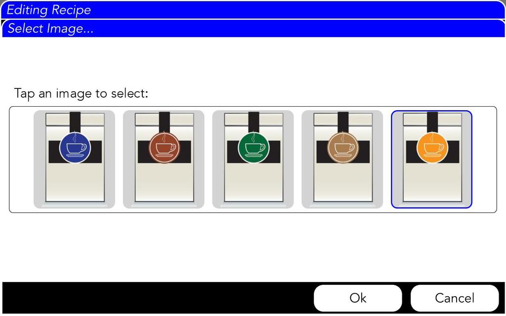 NEW PRODUCT SETUP HOT WATER for TEA 12. Pressing the Product Badge button (refer to picture in step 11) will enable you to select a new icon for the product badge.