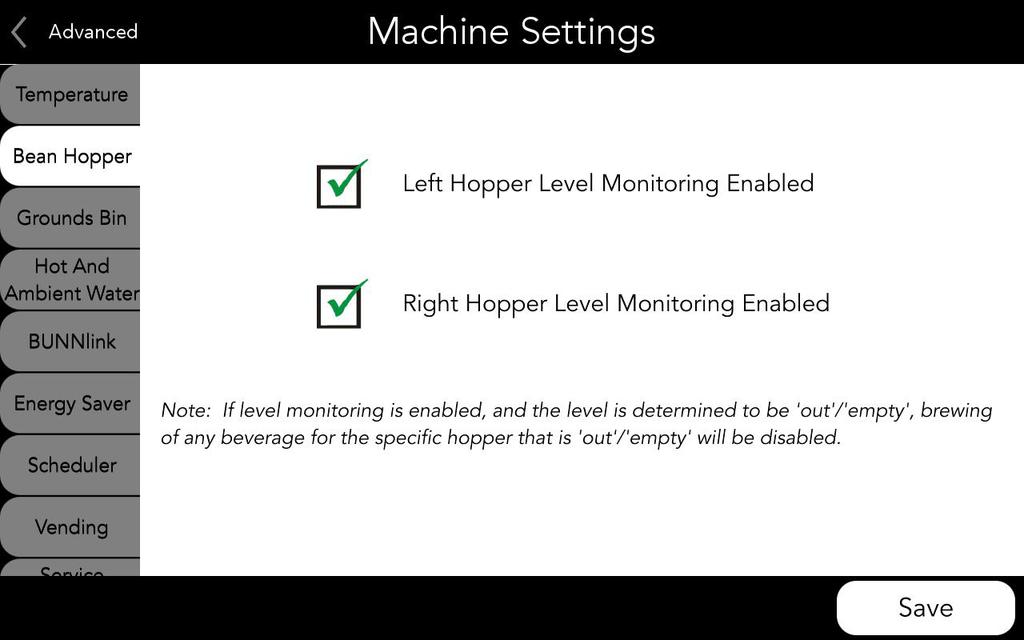 MACHINE SETTINGS 9. Bean Hopper Hoppers have sensors which will indicate when the hopper is low on beans.