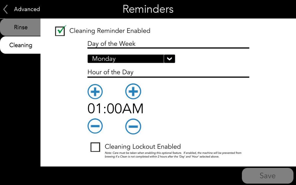 Reminders ADDITIONAL ADVANCED SCREENS - continued From the "Advanced" screen, press the "Reminders"" button to access the Reminders screens.