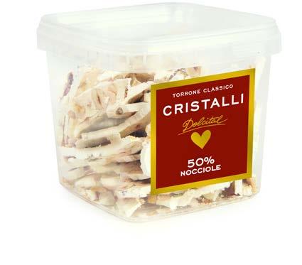 tagliato in sfoglie. Friable nougat with 50% blanched almonds, cut into thin portions. Art.