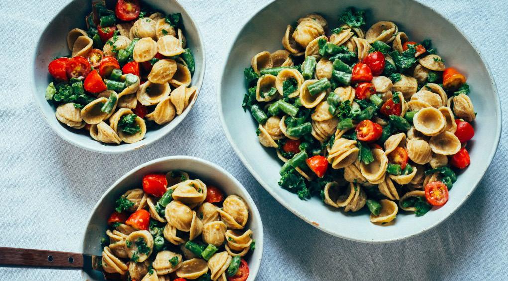 SIDE DISHES PASTA SALAD Recipe by Well and Full Ingredients: 1 pound of pasta (such as wholewheat orecchiette) 1 ½ cups cherry tomatoes halved 1 ½ cups haricots verts (or green beans), chopped into