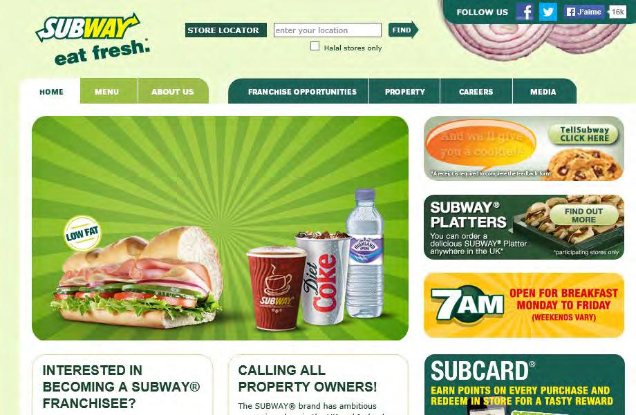 The brand and the logo: Subway is a play on words in reference to Submarines sandwiches because the bread has the shape of a submarine. The logo is composed of white, yellow and green.