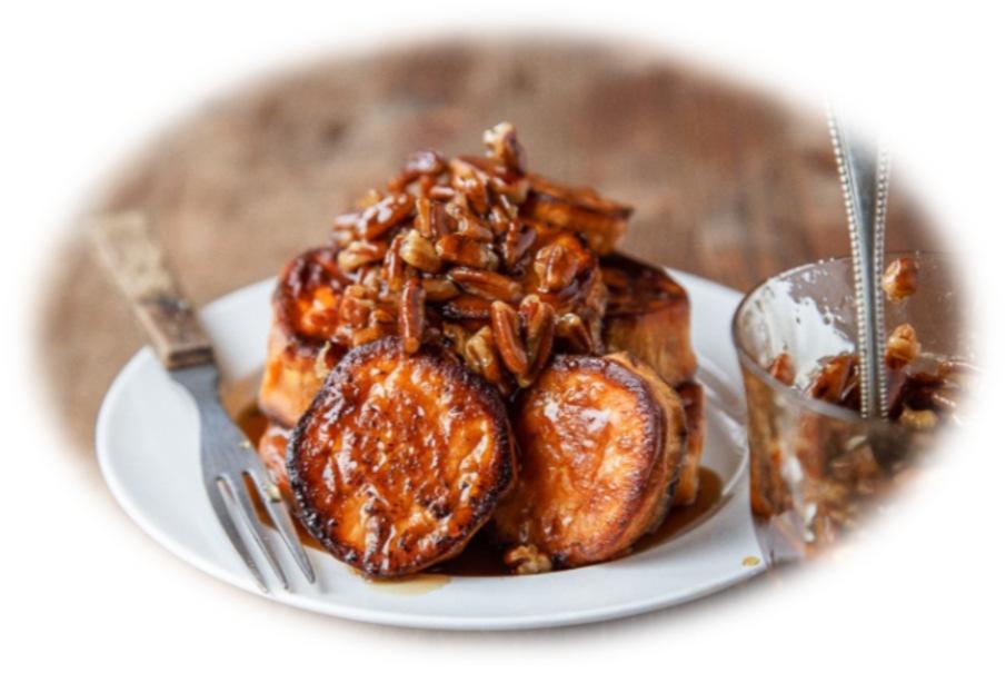 Melting Sweet Potatoes with Maple-Pecan Sauce 2 lbs. sweet potatoes 4 TBS unsalted butter 1/2 tsp salt For the maple pecan sauce: 1/2 cup maple syrup 1/2 cup chopped pecans Preheat the oven to 425.