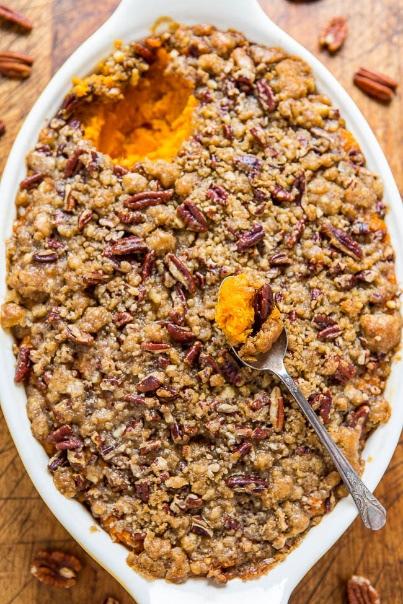 Sweet Potato Casserole with Butter Pecan Crumble Topping Filling 4 pounds raw sweet potatoes, diced into large chunks and boiled 2 large eggs 1/4 cup unsalted butter, softened 1/2 cup milk 1/2 cup