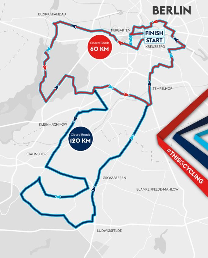 VELOTHON BERLIN For your safety and personal best: completely closed roads 2 courses to choose from: 60 km, 120 km Experience Berlin's sites on two wheels: Potsdamer Platz, Tempelhof Airport,