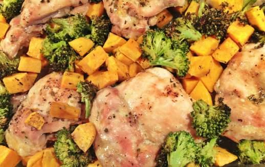 Sweet Chicken Broccoli Bake Canola oil spray 4 chicken breasts 2 heads broccoli, cut into florets 1 large sweet potato, cut into bite size cubes 2 cloves garlic, minced Pepper to taste Preheat oven