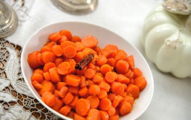 32 CINNAMON GLAZED CARROTS Cinnamon Glazed Carrots INGREDIENTS 2 lbs. carrots 1 Tbsp salt 3 Tbsp butter 1/3 Cup brown sugar 1 cinnamon stick Prep Time: 5 minutes Cook Time: 20 minutes DIRECTIONS 1.