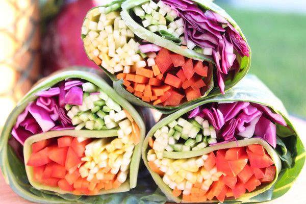 Rainbow Collard Wraps (makes 2 wraps) 2 collard leaves ½ cup basil pesto hummus (or any kind you prefer) 10 asparagus spears, roasted or raw ½ cup cucumber, peeled and sliced into short thin strips 1