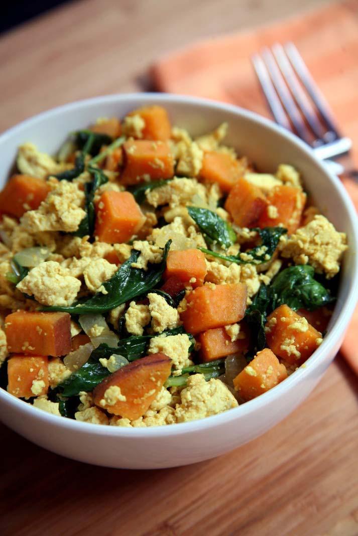 DAY 2 BREAKFAST Tofu Scramble with Kale and Sweet Potatoes (makes 2 servings) Ingredients 1 small sweet potato, cut into 1/2 inch cubes 1 tablespoon olive or coconut oil 1/2 small yellow onion,