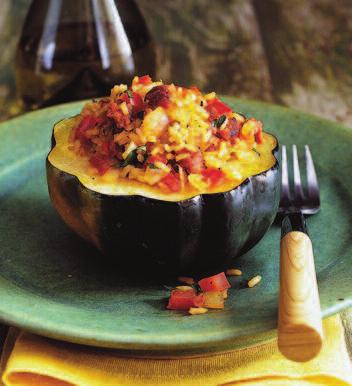ACORN SQUASH WITH BROWN RICE AND TURKEY SAUSAGE Yield: 4 Servings TOTAL TIME: 45 minutes 2 acorn squash (about 2½ pounds) (each cut crosswise in half and seeded) 1 Tbsp.