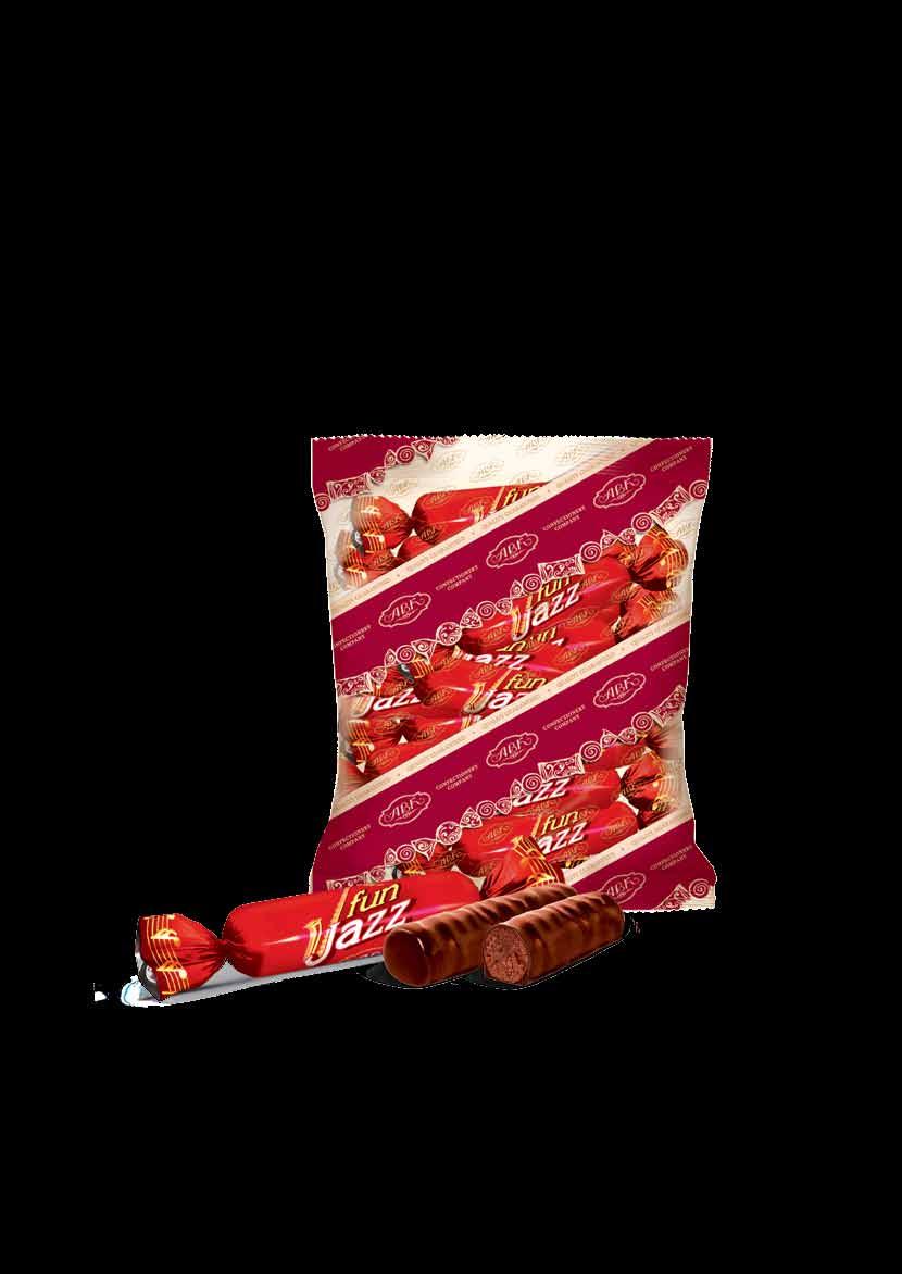 FUNJAZZ Praline Sweets "FunJazz" praline sweets in laze with crispy additives Briht modern desin sinles out the product on the shelf Popular form of sweets: lonish shape in double-twist wrapper Have