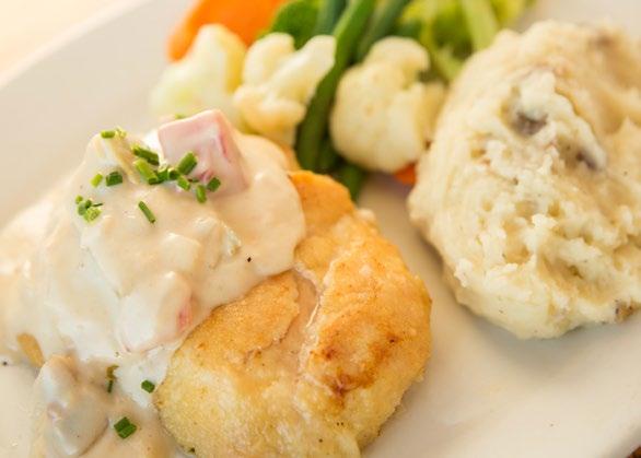 Artichoke hearts, Mushrooms & Chives Cordon Bleu Breast of Chicken Stuffed with Canadian Style Bacon & Cheese Beef Selections Garden or Caesar Salad Selection Choice Of: Sliced Roast New York Grilled