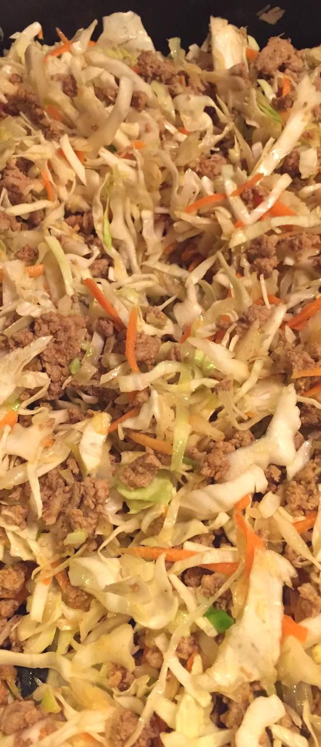 I N A B O W L Egg Roll 1lb of Lean Ground Turkey 2 bags of Cole Slaw (1lb bags) you can use only one bag if you want, cabbage cooks way down, that is why I use two.