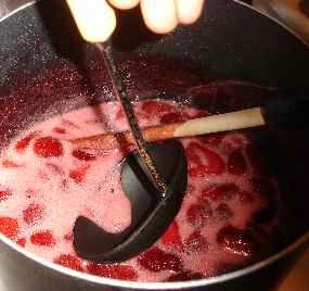 of the sugar (about 4 cups of sugar per 6 cup batch of berries) and then bring it back to a boil and boil hard for 1 minute.